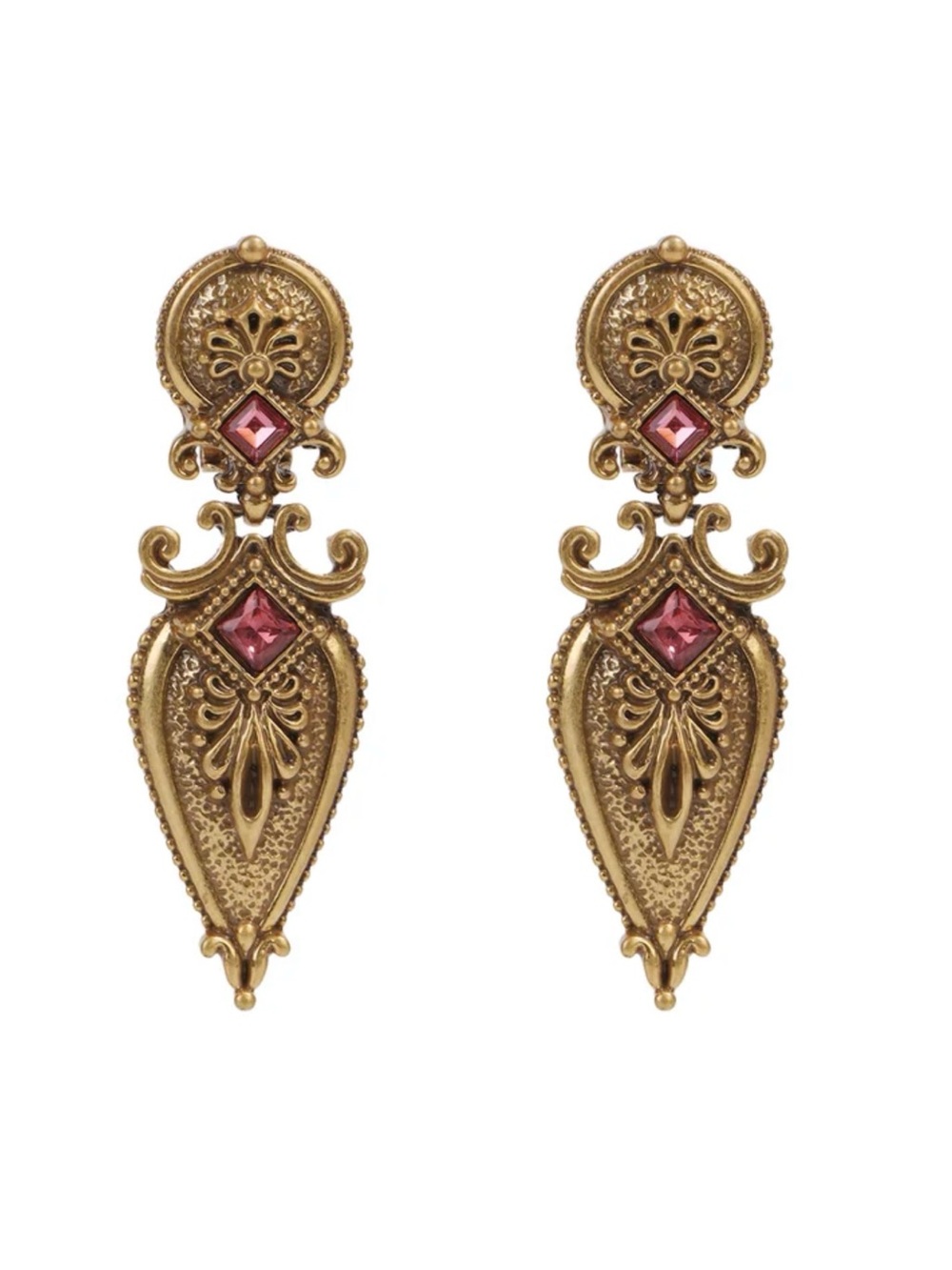 Vintage Inspired Gold and Pink Crystal Ornate Drop Earrings NWT